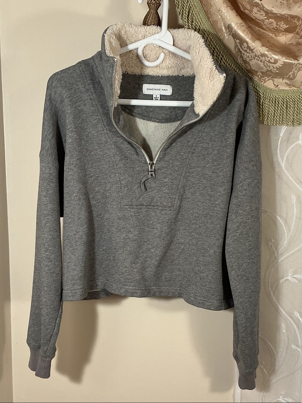 Something Navy Heather Gray Sherpa Quarter-Zip Cropped Pullover Sweatshirt Sz S